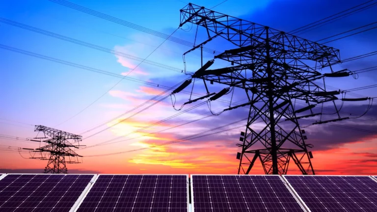 solar energy sources with electric utility grid on the background