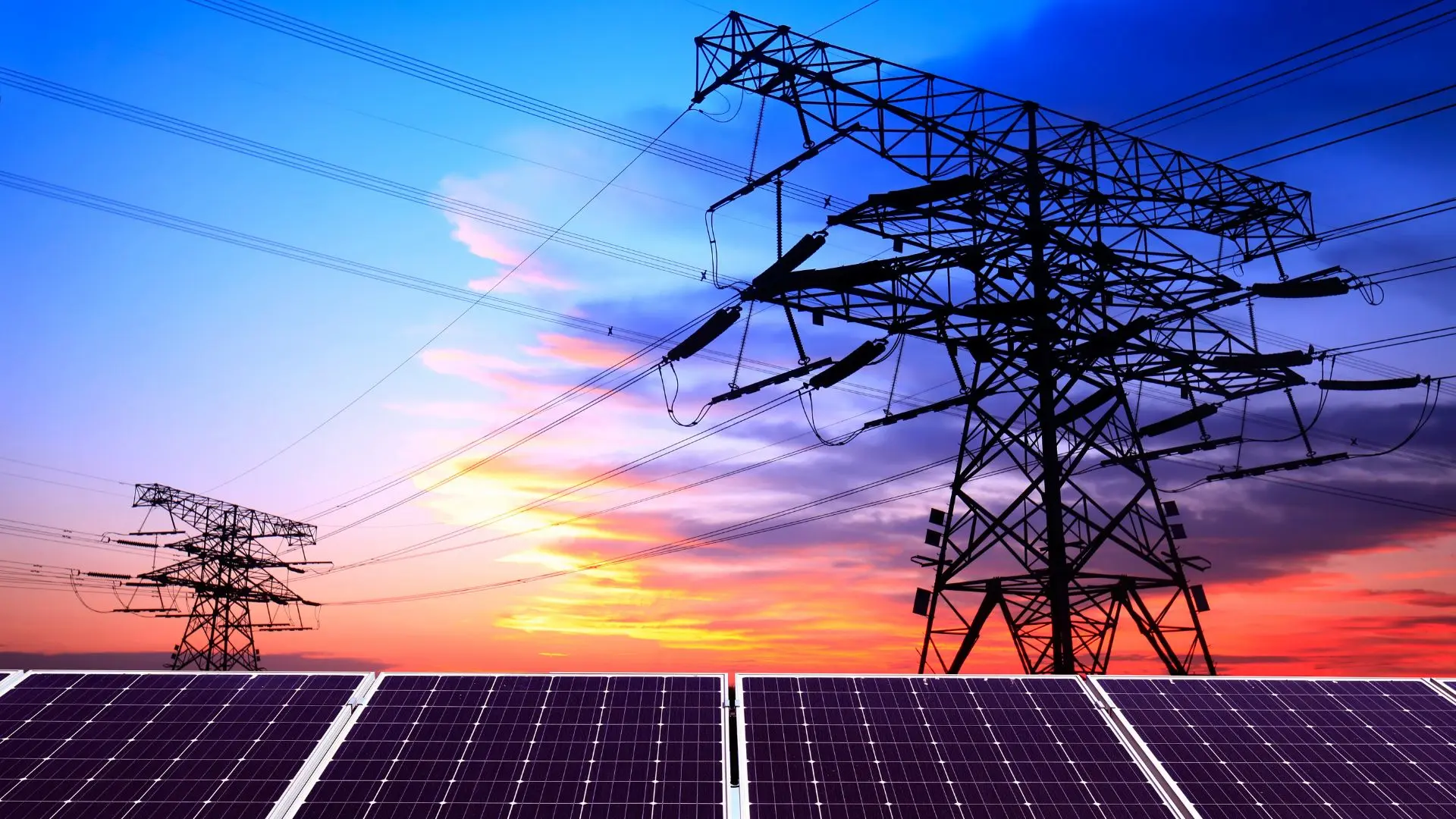 solar energy sources with electric utility grid on the background