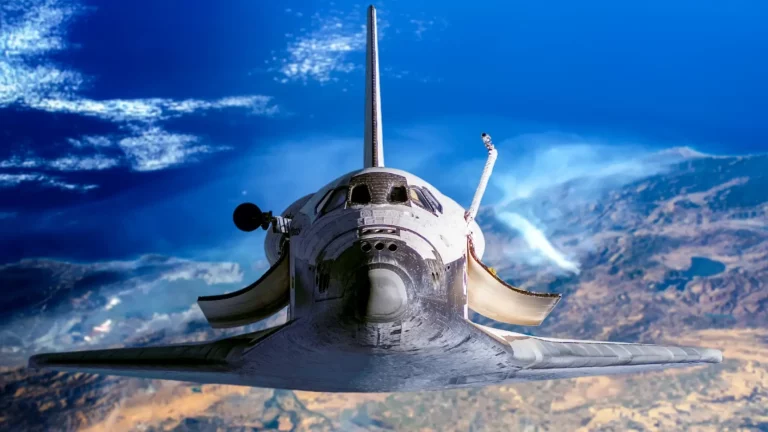 Space shuttle take off in the space from Earth. Stars and Planet on background. Atmosphere. Elements of this image furnished by NASA