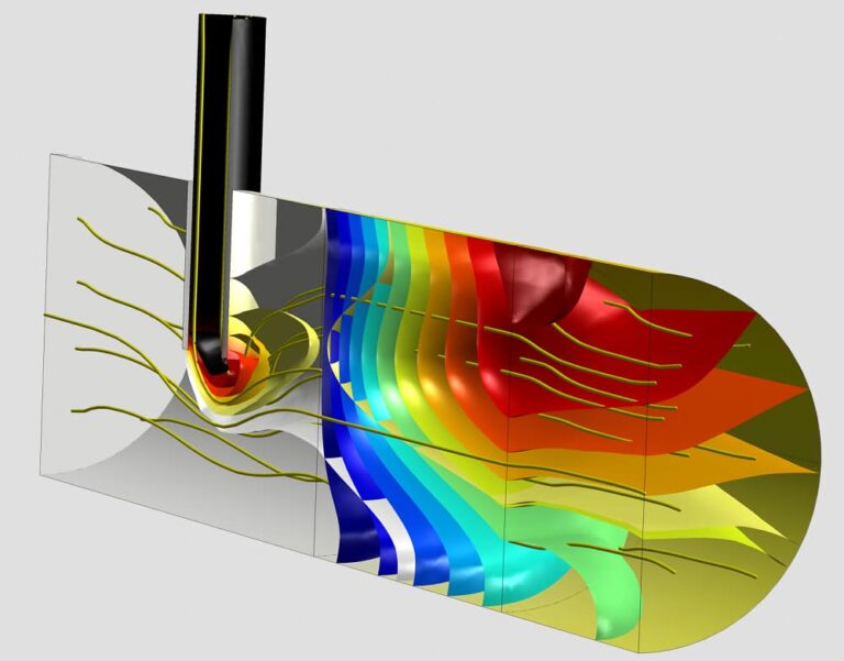 Chemical reactor model with flow streamlines and concentration isosurfaces for one of the reactants and the product species. Two species enter the reactor from different inlets and then undergo a reaction in a catalytic porous bed placed downstream from an injection needle in the reactor. 