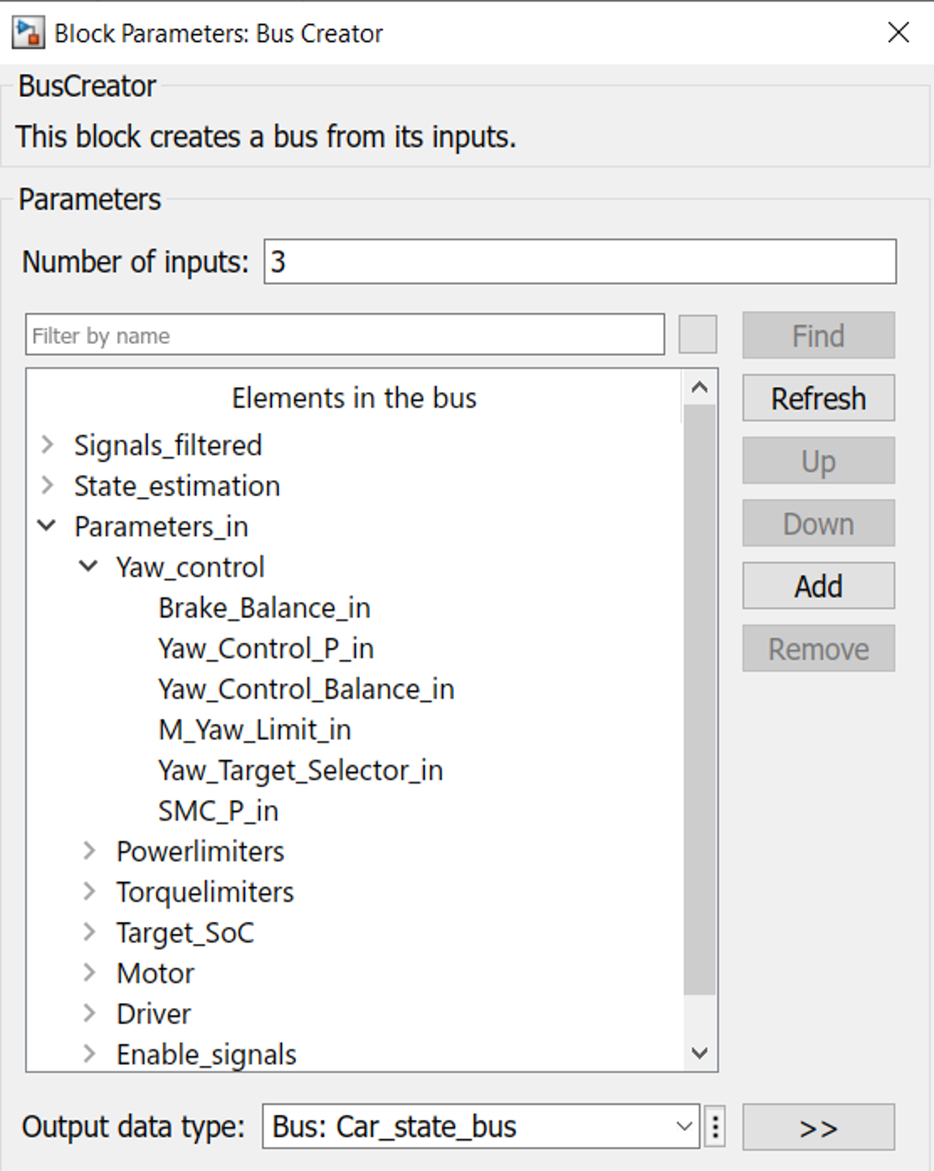An example of a Bus Creator block used in the model. The bus link represents multiple signals at once, while those signals can be listed and managed in the creator block. 