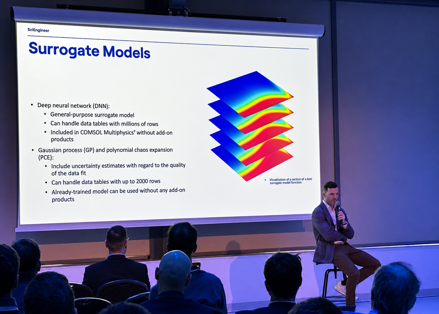 Arpad talking about his slide on surrogate models in front of big audience
