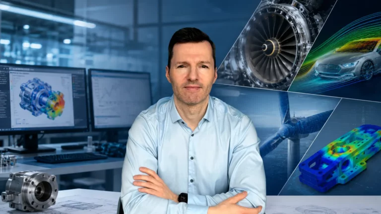 Multiphysics expert is surrounded by floating simulation elements