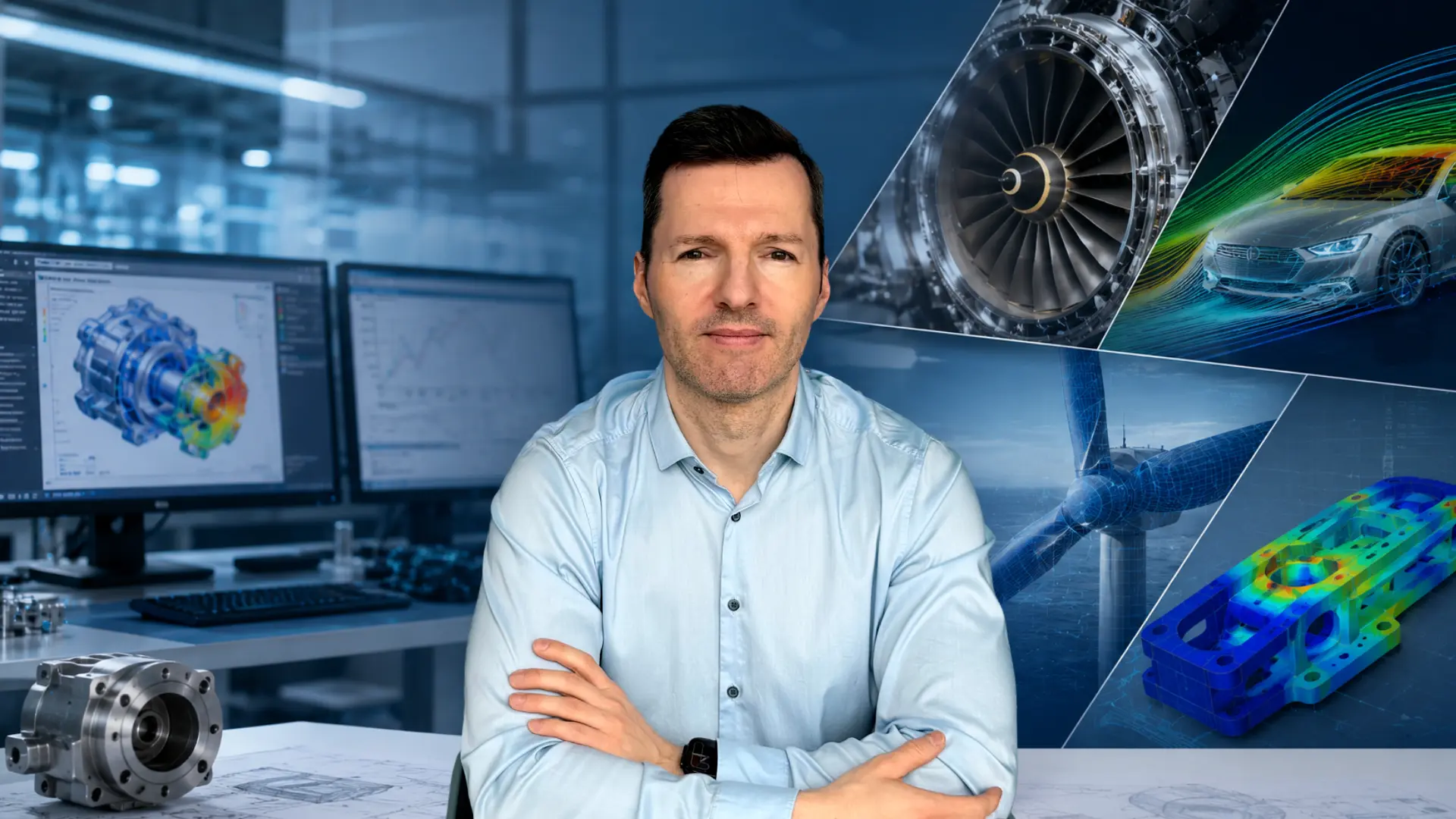 Multiphysics expert is surrounded by floating simulation elements